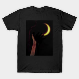 Digital collage and special processing. Hand pointing to the moon. Very beautiful. Violet and orange.. T-Shirt